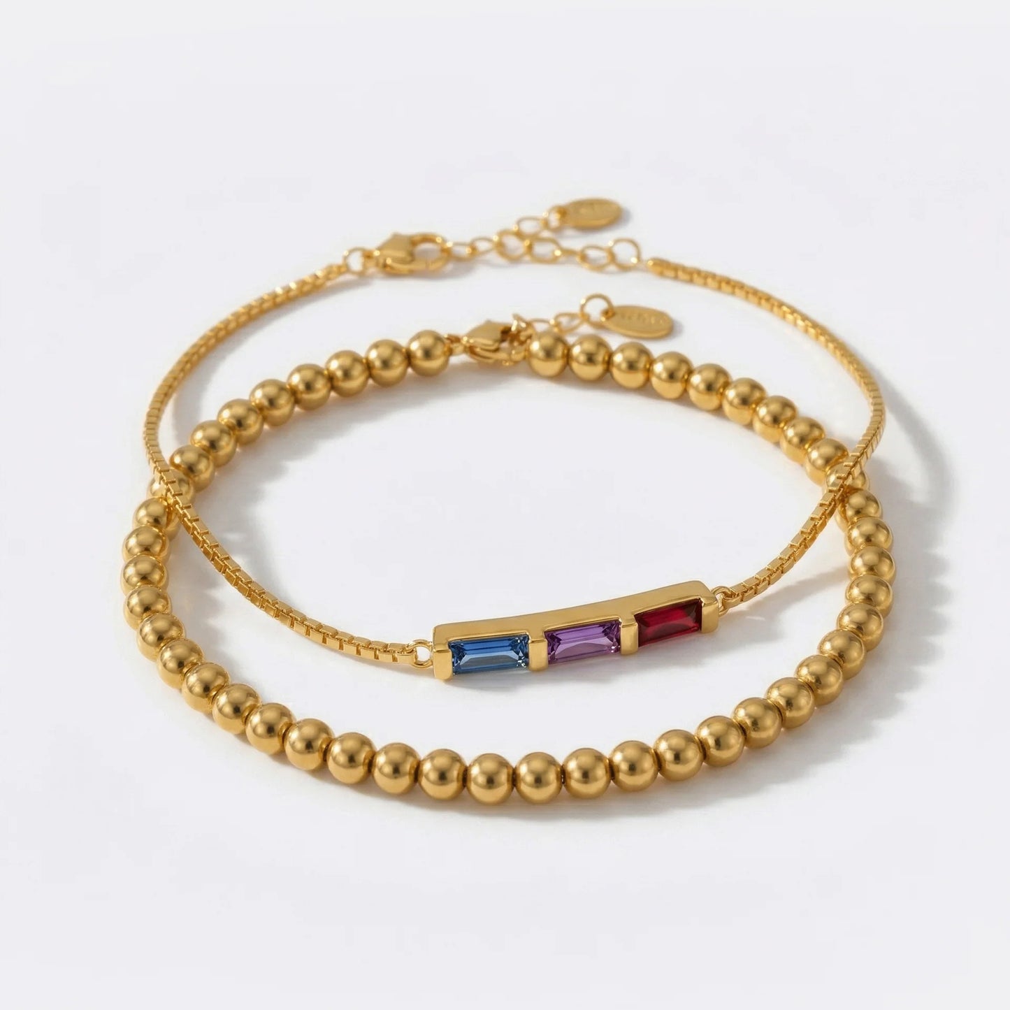EYS Dainty Baguette Birthstone Bracelet and Beaded Stacking Bracelet Set