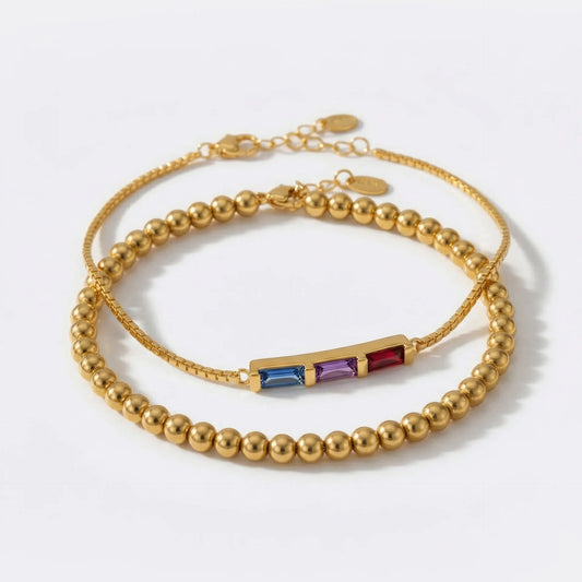 EYS Dainty Baguette Birthstone Bracelet and Beaded Stacking Bracelet Set