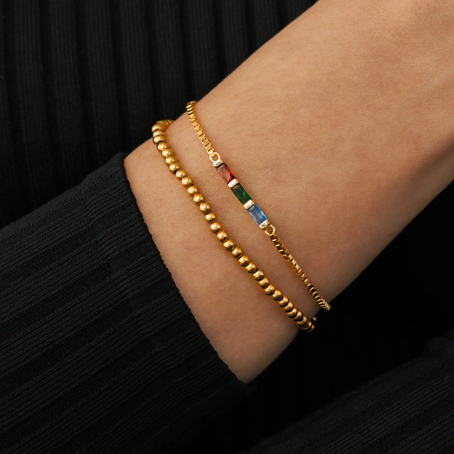 EYS Dainty Baguette Birthstone Bracelet and Beaded Stacking Bracelet Set