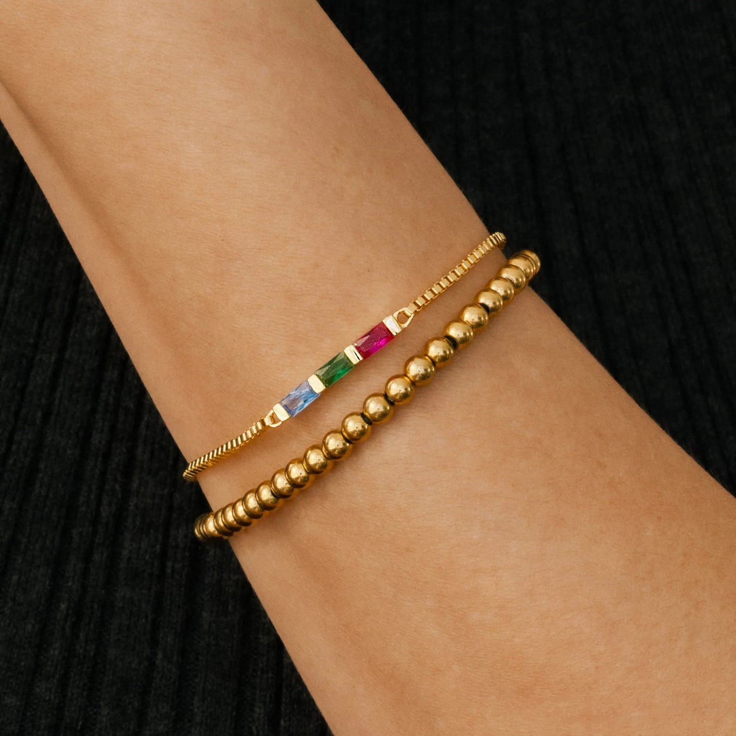 EYS Dainty Baguette Birthstone Bracelet and Beaded Stacking Bracelet Set
