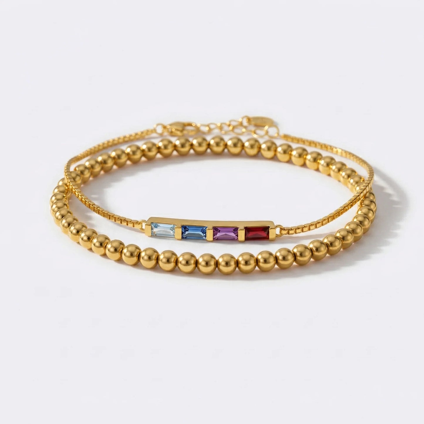 EYS Dainty Baguette Birthstone Bracelet and Beaded Stacking Bracelet Set